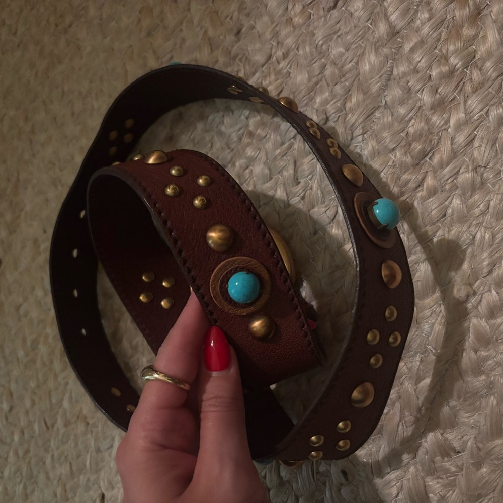 Miu Miu Brown Leather Studded Belt with Turquoise Stones